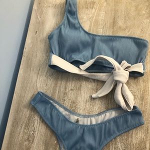 Zaful Blue One Shoulder Tie Bikini
